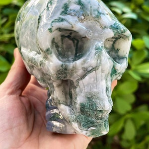 May include: A green and white agate skull sculpture. The skull is carved in detail and has a smooth, polished finish.