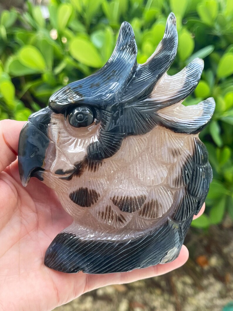 Pode incluir: Uma escultura de papagaio de &aacute;gata esculpida com faixas pretas e brancas. O papagaio tem uma cabe&ccedil;a e penas detalhadas.