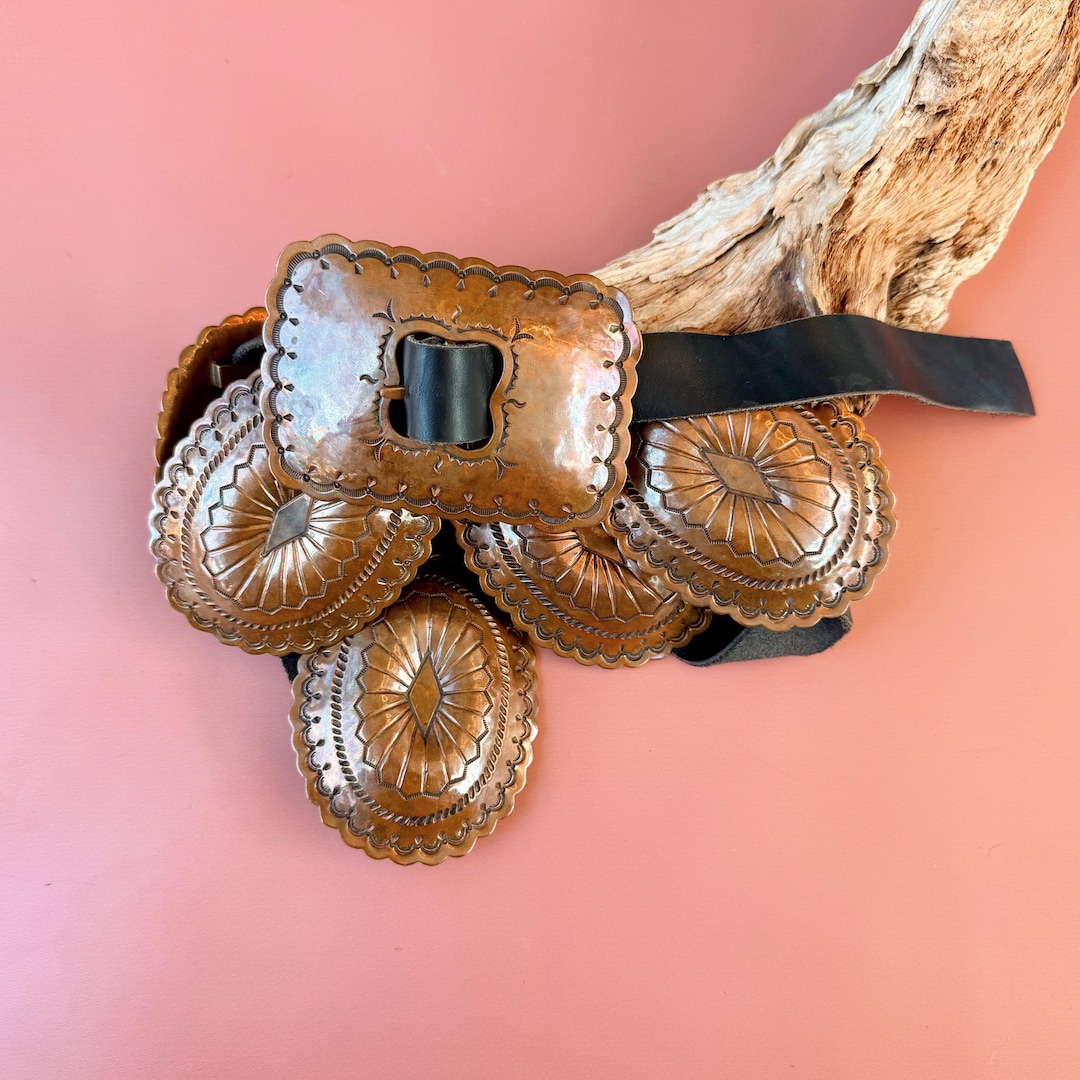 Vintage Navajo Large Heavy Duty Solid Copper Concho Belt - Etsy display picture 3