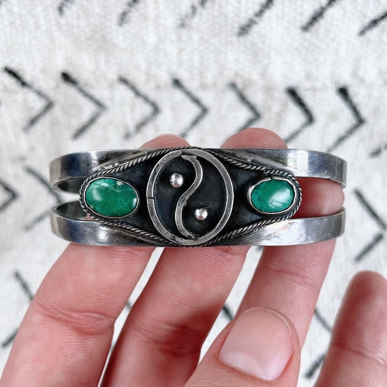 Rare vintage 1960s Navajo sterling silver and two-stone turquoise peace sign cuff bracelet