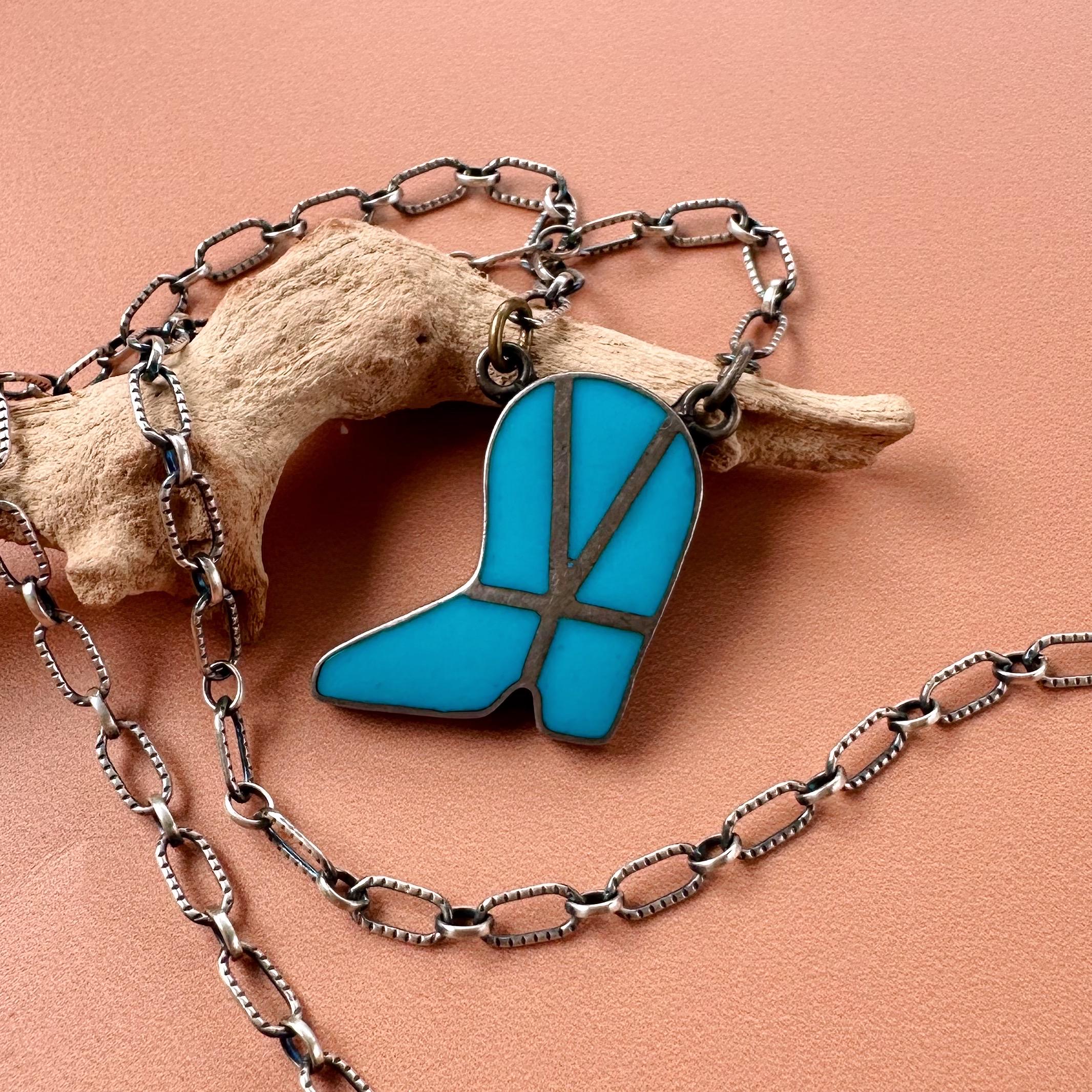 FINAL SALE >> Vintage Zuni Sterling Silver Cowboy Boot Pendant Necklace  With Turquoise Flush Channel Inlay - Etsy