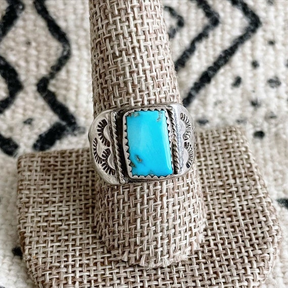 Size 11  Vintage Fred Harvey era Navajo heavy sterling silver Men’s chunky signet ring with thunderbird appliqué and stamped detail