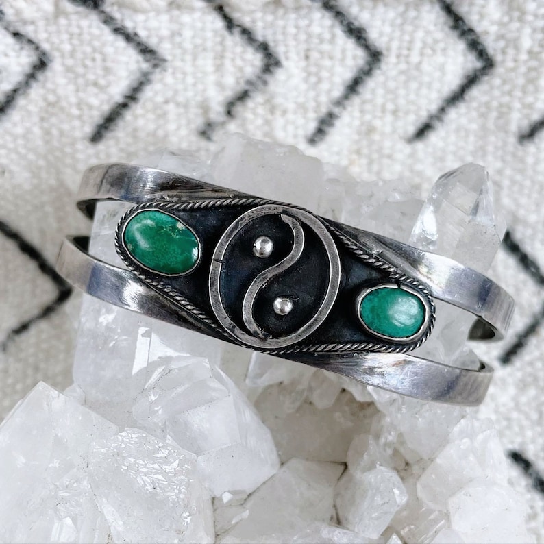 Rare vintage 1960s Navajo sterling silver and two-stone turquoise peace sign cuff bracelet