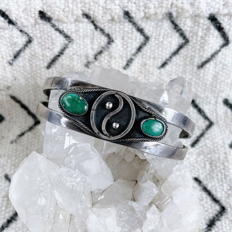Rare vintage 1960s Navajo sterling silver and two-stone turquoise peace sign cuff bracelet