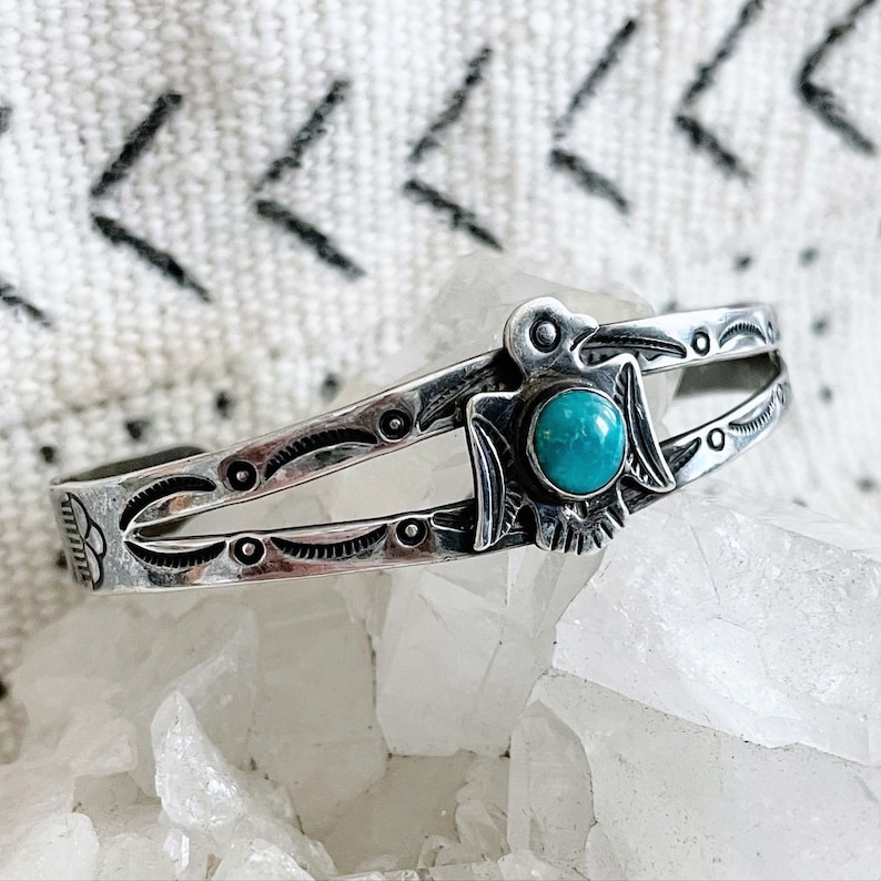 Vintage Fred Harvey era sterling silver and turquoise thunderbird stacking cuff bracelet with stamped detail
