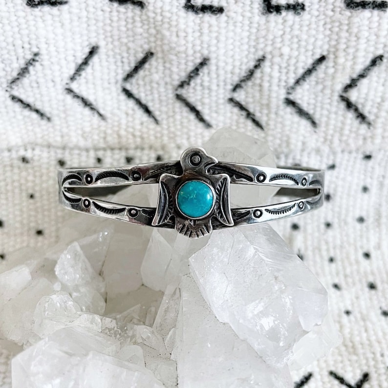 Vintage Fred Harvey era sterling silver and turquoise thunderbird stacking cuff bracelet with stamped detail