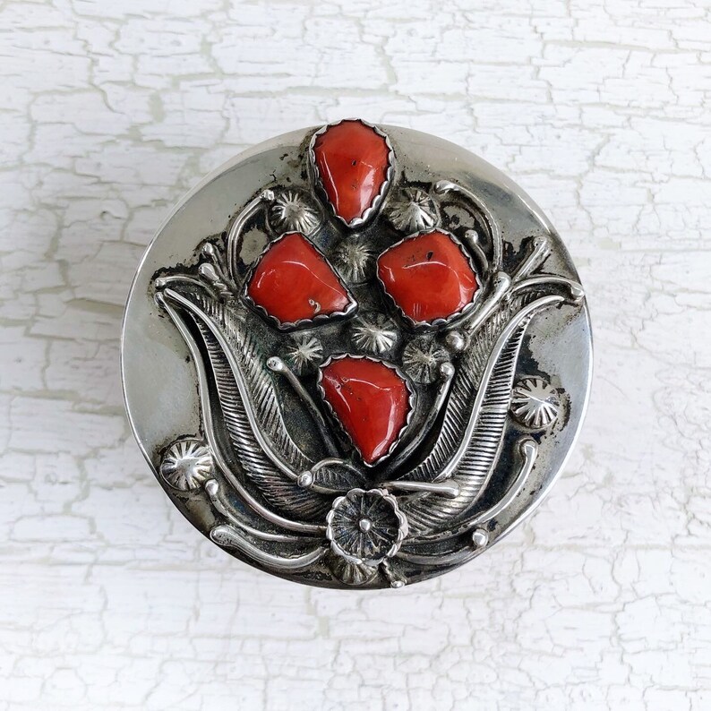 Vintage Navajo handmade round wood trinket or jewelry box with sterling silver and four-stone natural coral lid