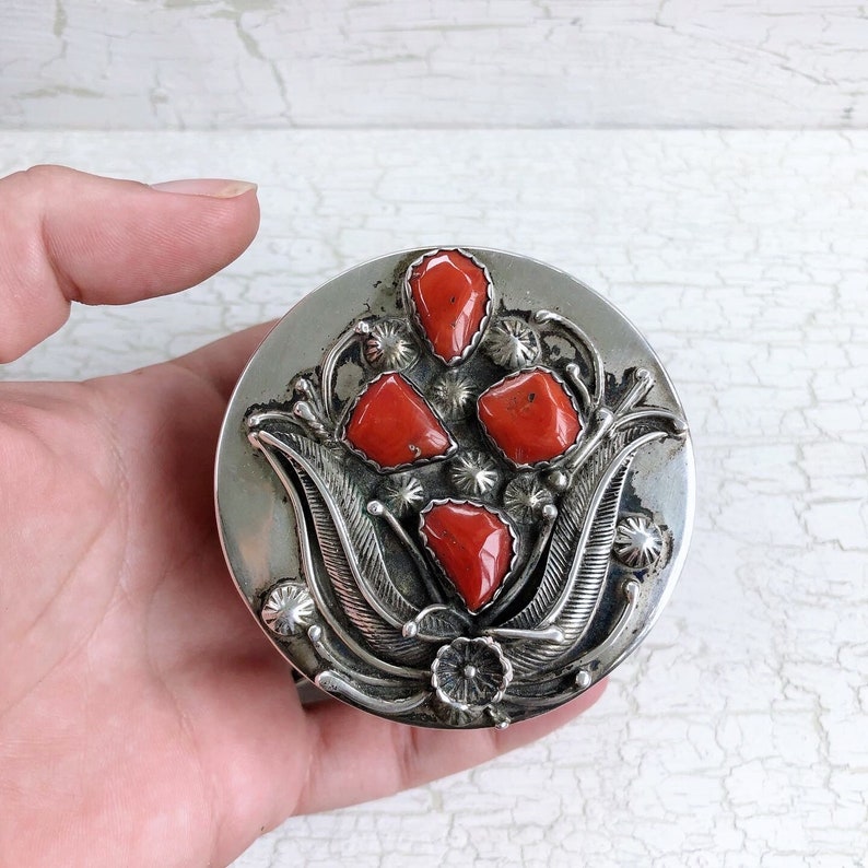 Vintage Navajo handmade round wood trinket or jewelry box with sterling silver and four-stone natural coral lid