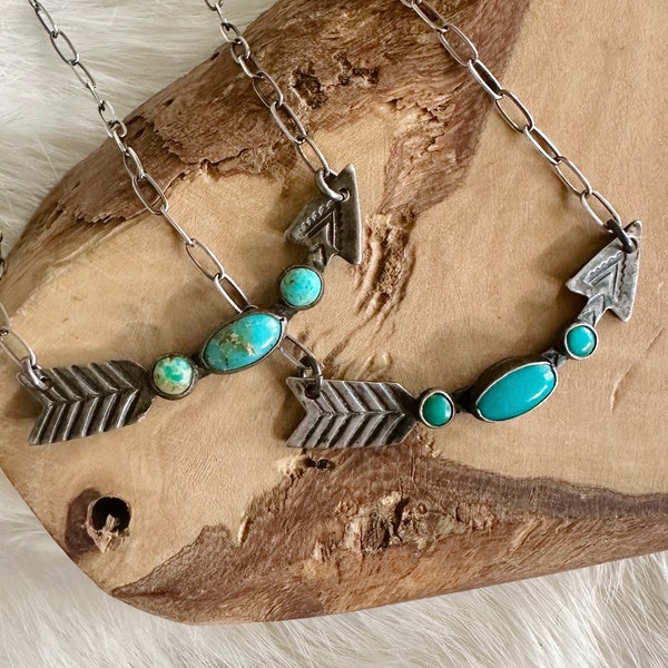 Vintage Fred Harvey era Navajo sterling silver and turquoise curved arrow pendant necklaces