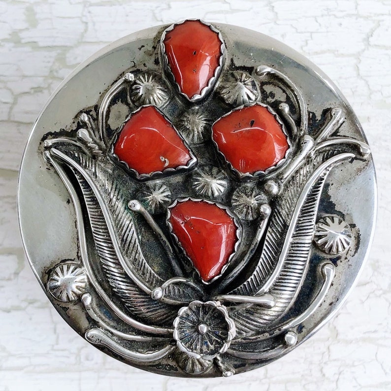 Vintage Navajo handmade round wood trinket or jewelry box with sterling silver and four-stone natural coral lid