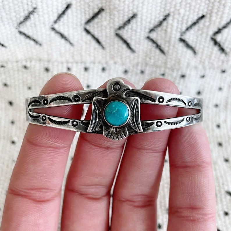 Vintage Fred Harvey era sterling silver and turquoise thunderbird stacking cuff bracelet with stamped detail