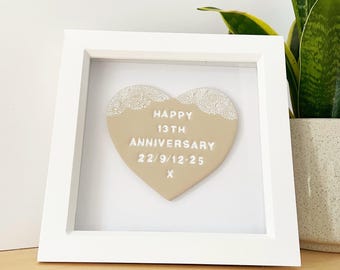 Personalised 13th lace wedding anniversary frame gift, 13th anniversary gift for him, lace anniversary present, 13th anniversary heart