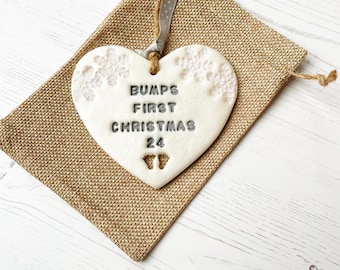 Bump's first Christmas heart bauble decoration, personalised bumps first Christmas pregnancy reveal ornament, bumps 1st Xmas keepsake