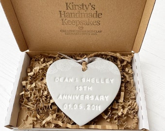 Personalised lace wedding anniversary gift, 13th wedding anniversary heart gift, 13th anniversary ornament, 13th anniversary keepsake plaque