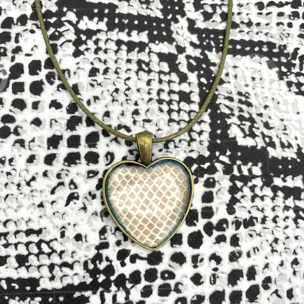 Natural Snake Skin | Antique Bronze and Cream Heart | Pendant Necklace | Ball Python Shed | Reptile Lover Gift | Ethically Sourced