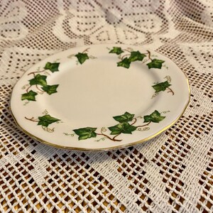 May include: A white ceramic plate with a gold rim and a green ivy design. The plate is on a white crocheted surface.
