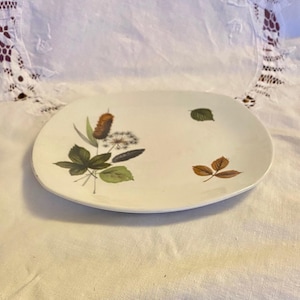 May include: A white oval serving platter with a floral design featuring brown, green, and white leaves and flowers.