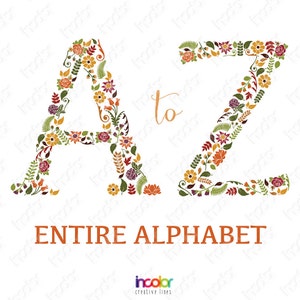 May include: A to Z floral alphabet design with a fall color palette. The letters are made of leaves, flowers, and vines. The text "Entire Alphabet" is below the letters.