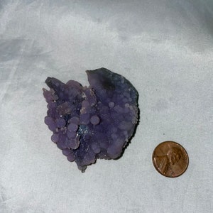K&ouml;nnte beinhalten: Ein violetter und grauer Achat-Geode mit einer rauen, strukturierten Oberfl&auml;che. Der Geode ist mit kleinen, runden Beulen bedeckt. Ein Penny ist zur Gr&ouml;&szlig;enbestimmung enthalten.
