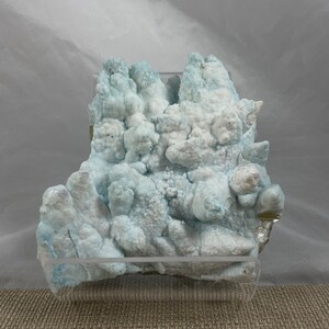 May include: A cluster of blue and white celestite crystals in a clear acrylic display case. The crystals have a rough, textured surface and are arranged in a random, organic pattern.