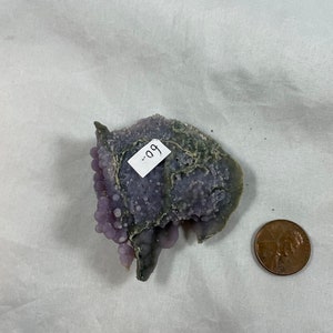K&ouml;nnte beinhalten: Eine violette und graue Achat-Geode mit einem Etikett, auf dem "99" steht. Die Geode ist etwa so gro&szlig; wie ein deutscher Cent.