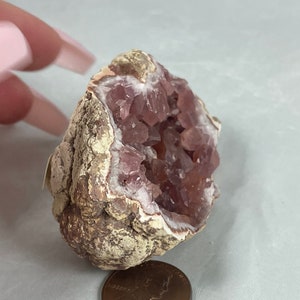 May include: A pink amethyst geode with a rough exterior and a hollow interior filled with sparkling pink crystals. The geode is about the size of a US penny.