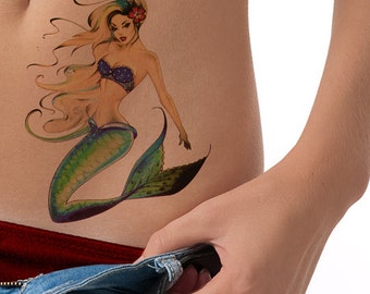 Mermaid temporary tattoo, temporary tattoo, realistic mermaid tattoo, fake tattoo, flash tattoo, metallic tattoo, gold tattoo, boho tattoo