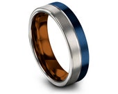Silver Blue Tungsten Wedding Band Mens Wedding Ring Copper Tungsten Ring Engraved Ring Promise Ring Sets His and Her All Size