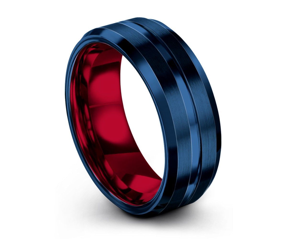 Mens Wedding Band Blue, Tungsten Ring Red 8mm, Mens Ring