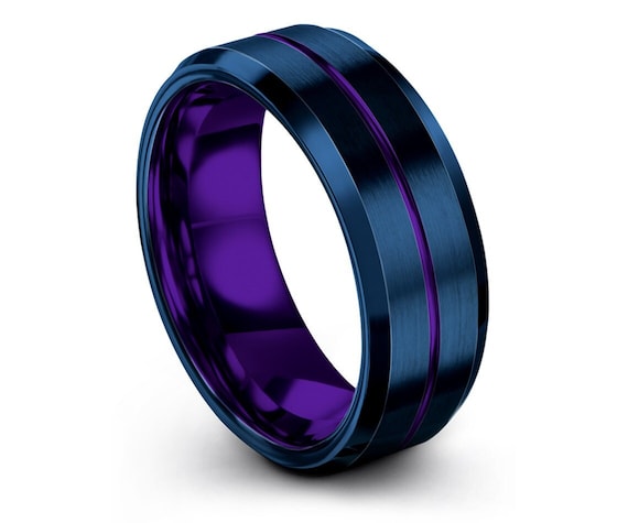 Mens wedding band tungsten blue, his and hers, mens purple rings, tungsten ring 8mm, center engraving, gifts for her, best friend gifts