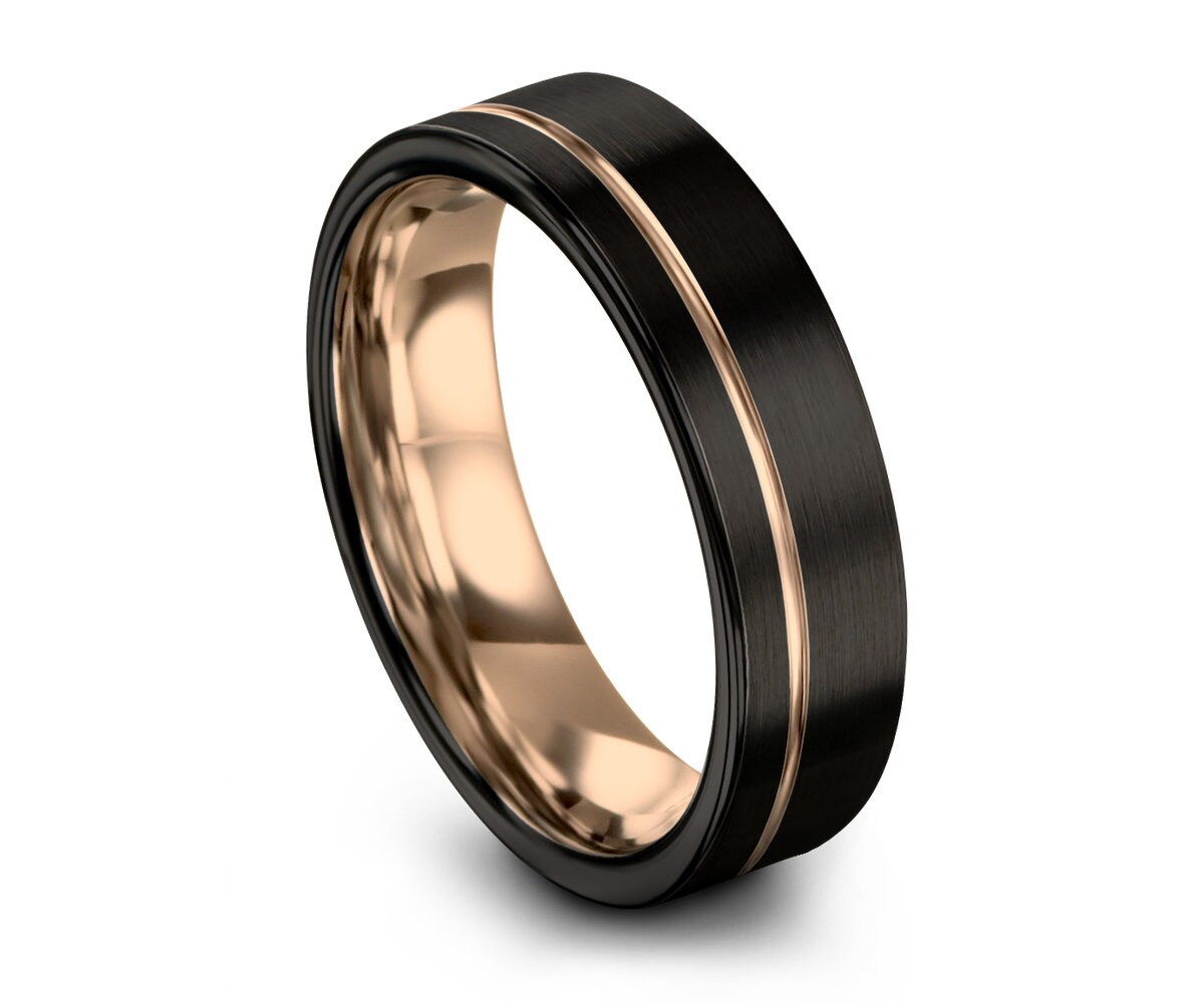 Mens Wedding Band Black, Rose Gold Tungsten Ring 7mm 18K