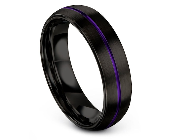 Mens wedding band ring black domed,his and hers,purple tungsten ring,engraved ring,unisex anniversary gift,engagement band,gifts for father