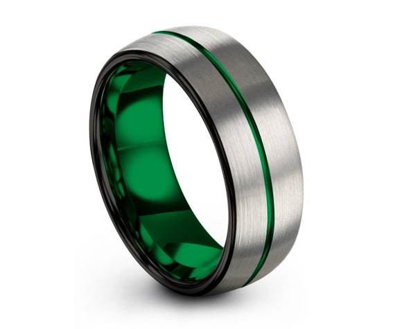 Mens Wedding Band Green Brushed Silver Wedding Ring Tungsten Etsy
