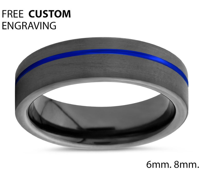 Blue Line Tungsten Carbide Ring 6mm Gunmetal Black Mens Wedding Band His or Her with Fast Free Shipping or 8mm available