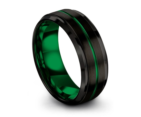 Mens Wedding Band Black Green Wedding Ring Tungsten Ring | Etsy