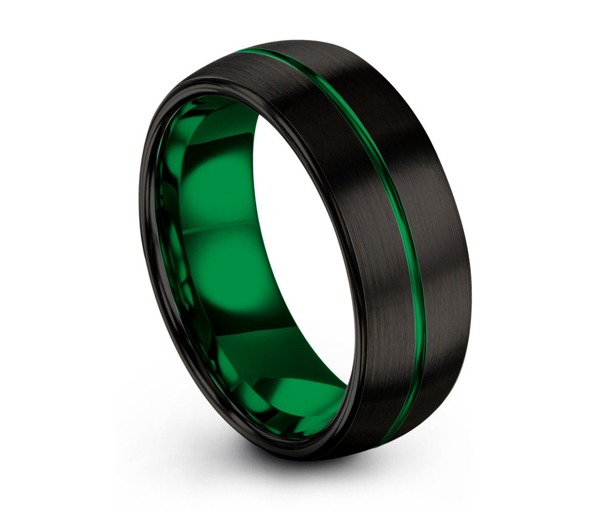 Mens Wedding Band Green, Tungsten Ring Black 8mm, Wedding