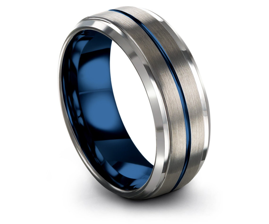 Ladies Wedding Band Silver,8mm Inside Blue Tungsten Bands