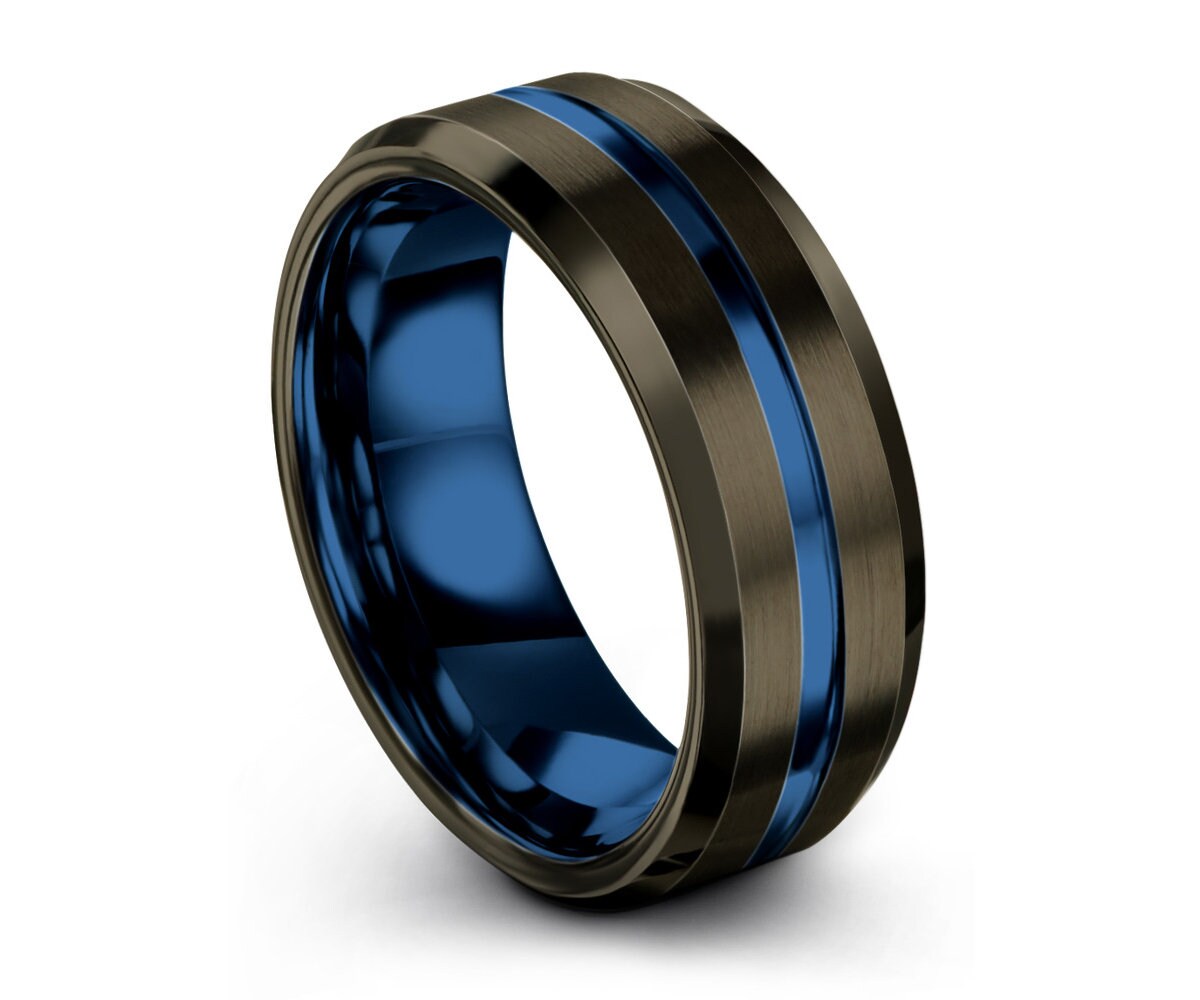 Gunmetal and Blue Tungsten Ring Stylish Unique Wedding