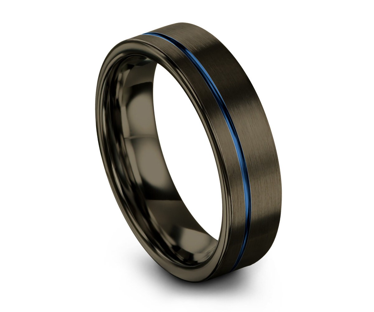 Gunmetal Black Mens Wedding Band Blue Line Tungsten