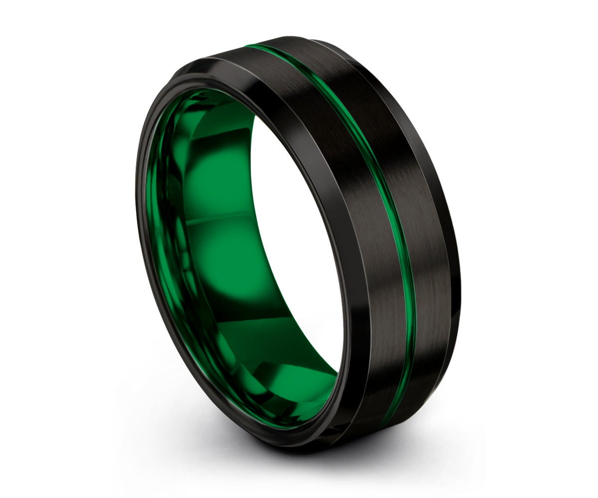 Mens Wedding Band Green, Tungsten Ring Black 8mm, Wedding