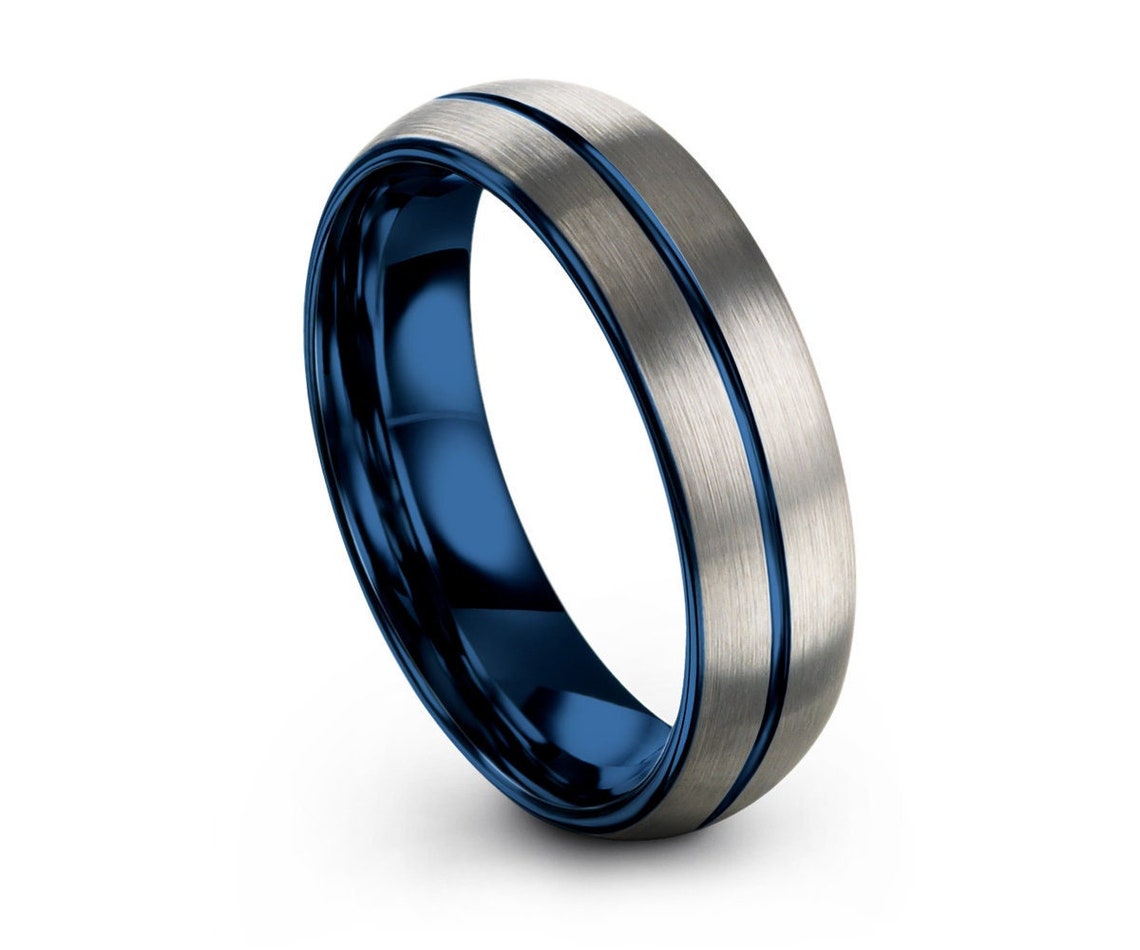 Mens wedding band blue silver wedding ring tungsten ring image 1