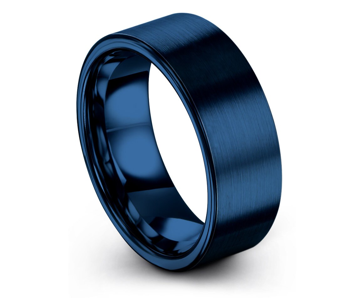 Solid Blue Ring Brushed Tungsten Ring Flat and Comfort Fit Etsy