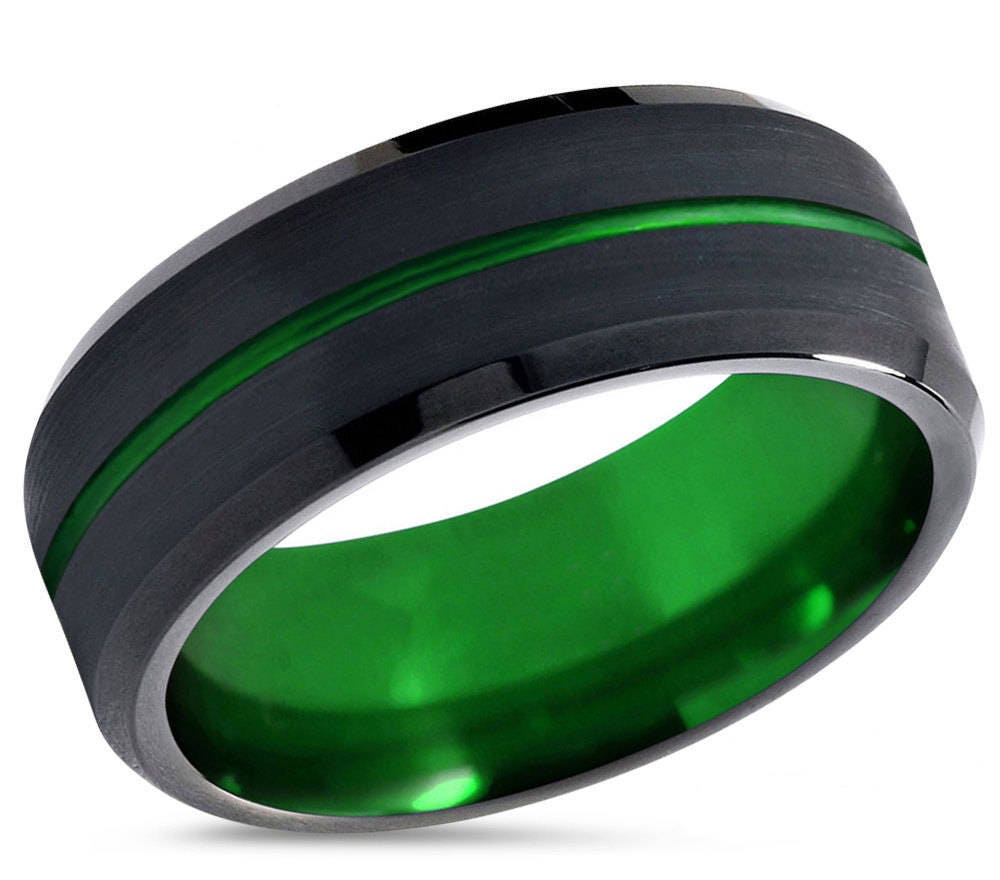 Mens Wedding Band Green Tungsten Ring Black 8mm Wedding Etsy