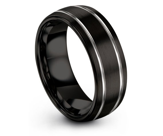 Domed Brushed Black Tungsten Ring | Silver Tungsten Wedding Band | Double Engraving Ring | Couple Promise Ring Band | Free Shipping