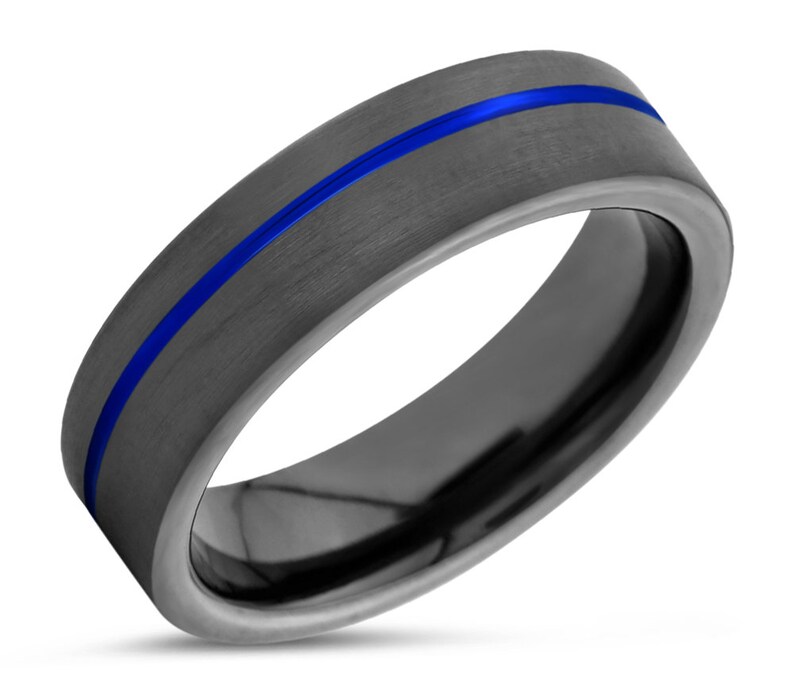 Blue Line Tungsten Carbide Ring 6mm Gunmetal Black Mens Wedding Band His or Her with Fast Free Shipping or 8mm available