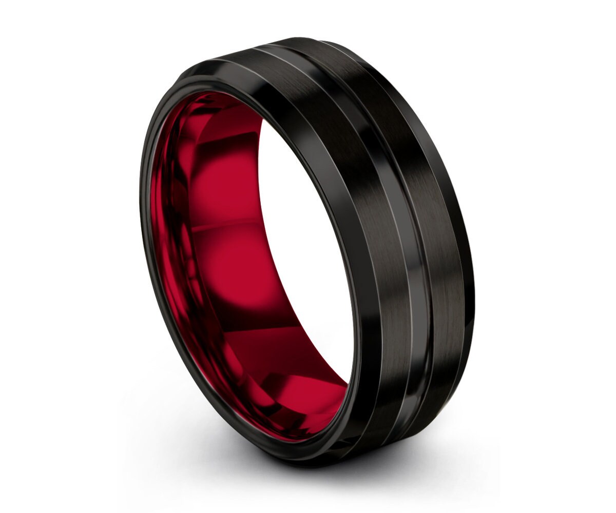 Mens Wedding Band Black, Red Wedding Ring, Tungsten Ring