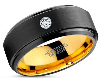 Mens Wedding Band, Wedding Ring Yellow Gold 18K, Tungsten Ring Black 8mm, White Diamond, Engagement Ring, Promise Ring, Rings for Men