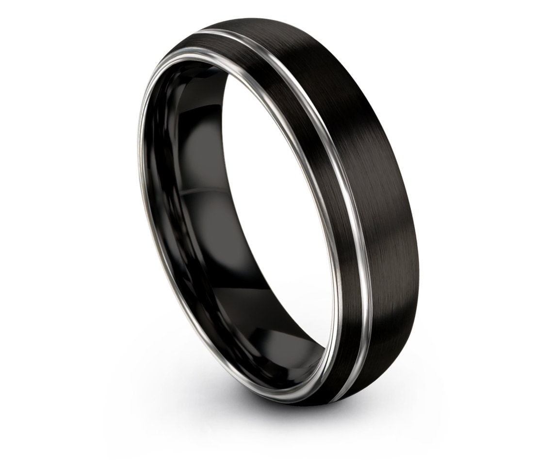 Domed tungsten wedding band silver off-center engraving ring image 1