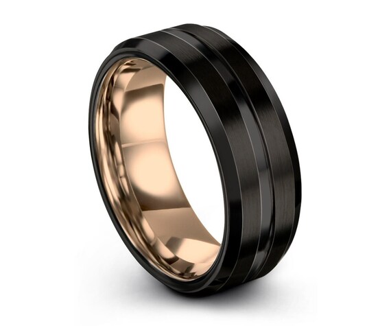 Mens wedding band black, tungsten ring, rose gold ring 18k 8mm, engagement ring, promise ring, rings for men, rings for women, black ring