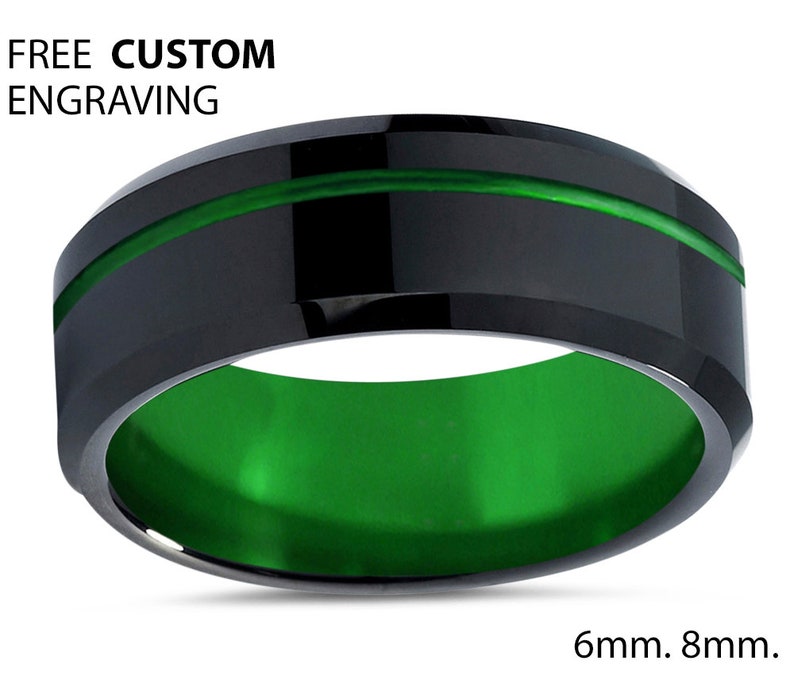 Free Personalized Custom Engraving Wedding Band Unique Promise Ring Unisex Fashion Accessory Black and Green Mens Ring